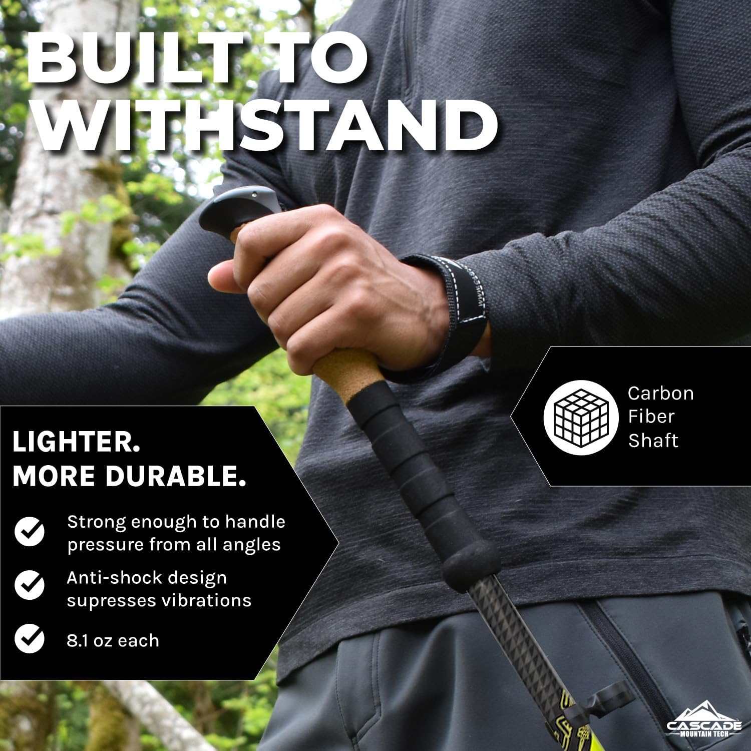 Cascade Mountain Tech Trekking Poles - Carbon Fiber Walking or Hiking Sticks with Quick Adjustable Locks - Image 2